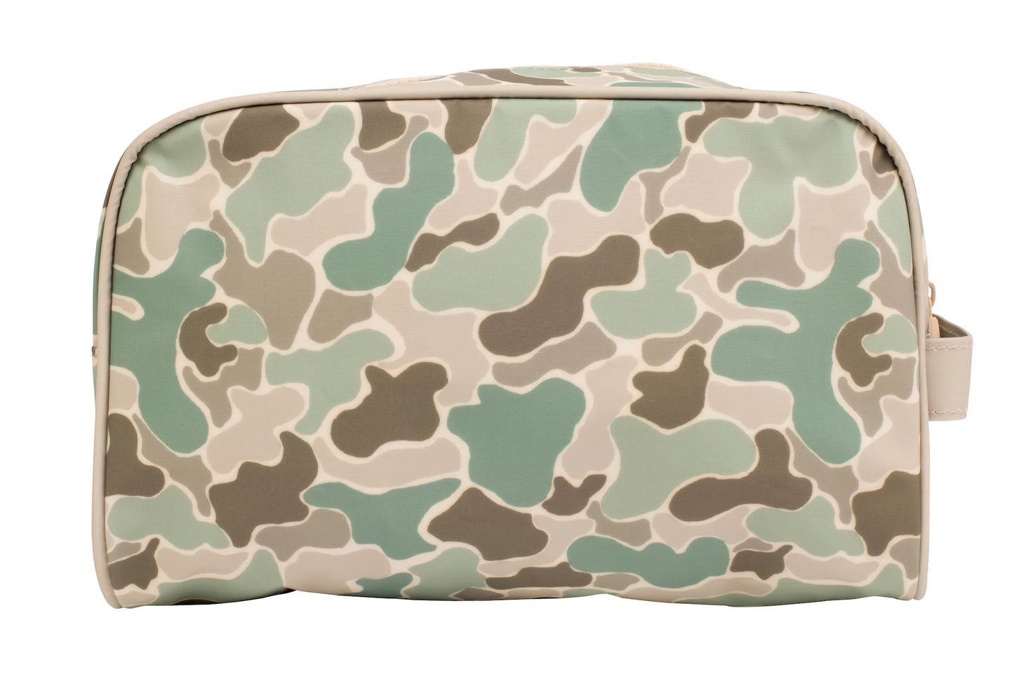 Camouflage-patterned toiletry bag on a white background