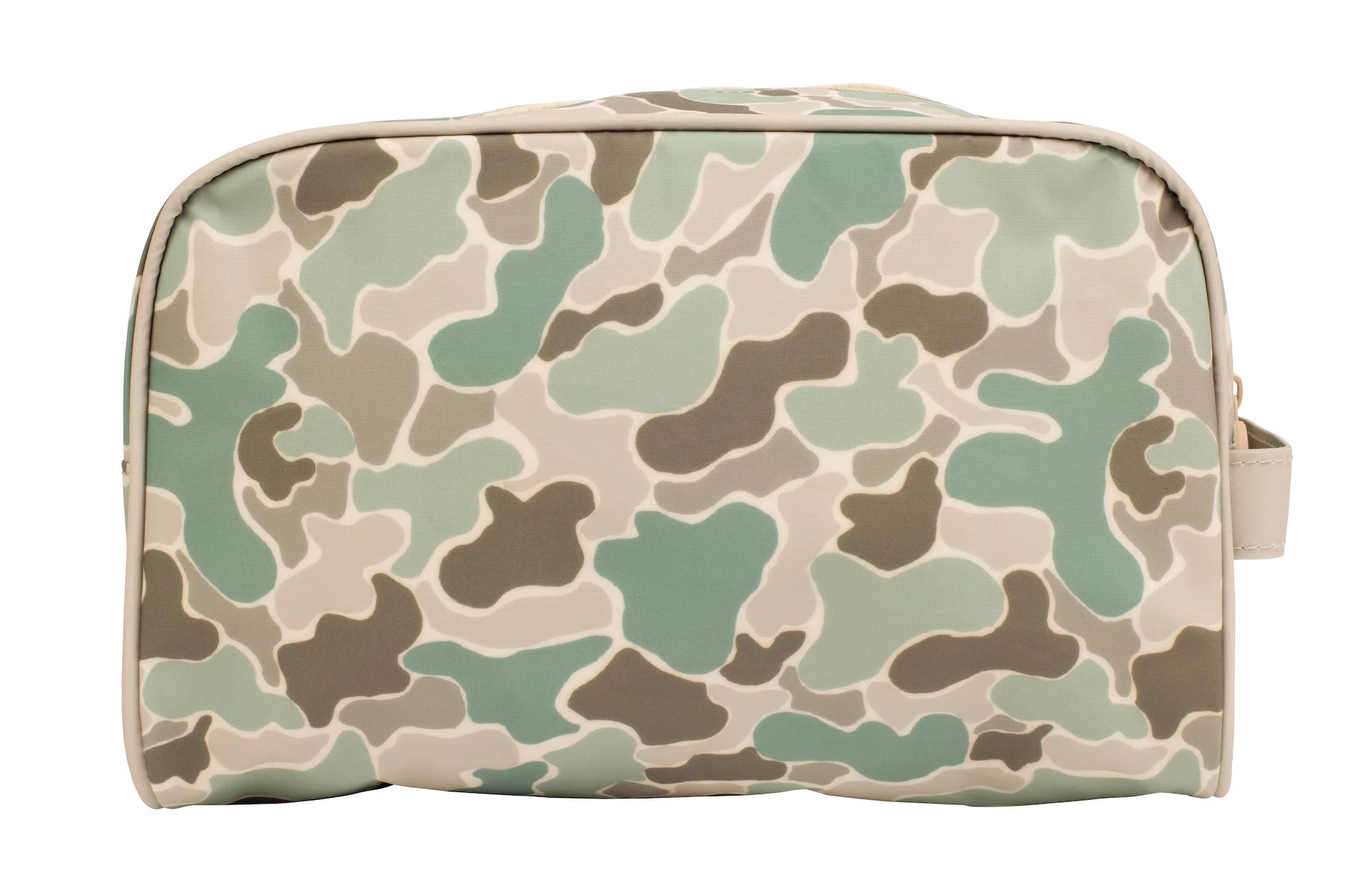 Camouflage-patterned toiletry bag on a white background