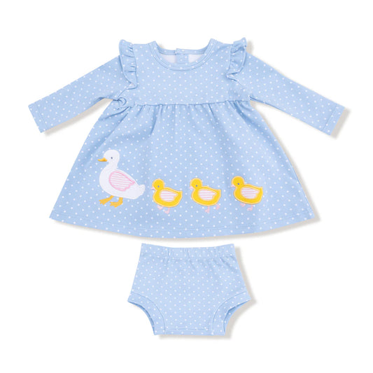 Blue Dot Duck Family Long Sleeve Dress with Bloomer
