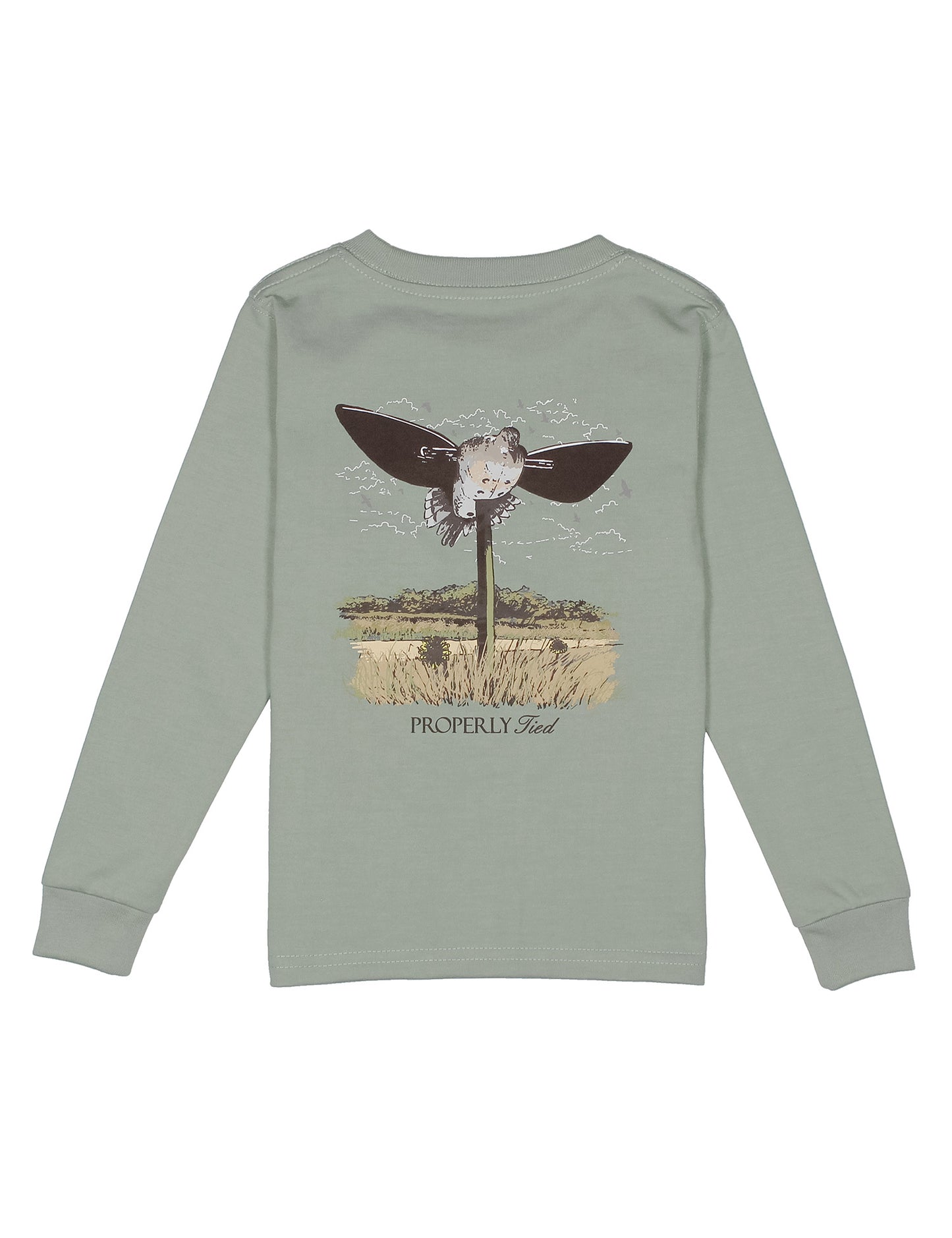 Green long-sleeve shirt with a graphic design of a dove decory on the back against a white background