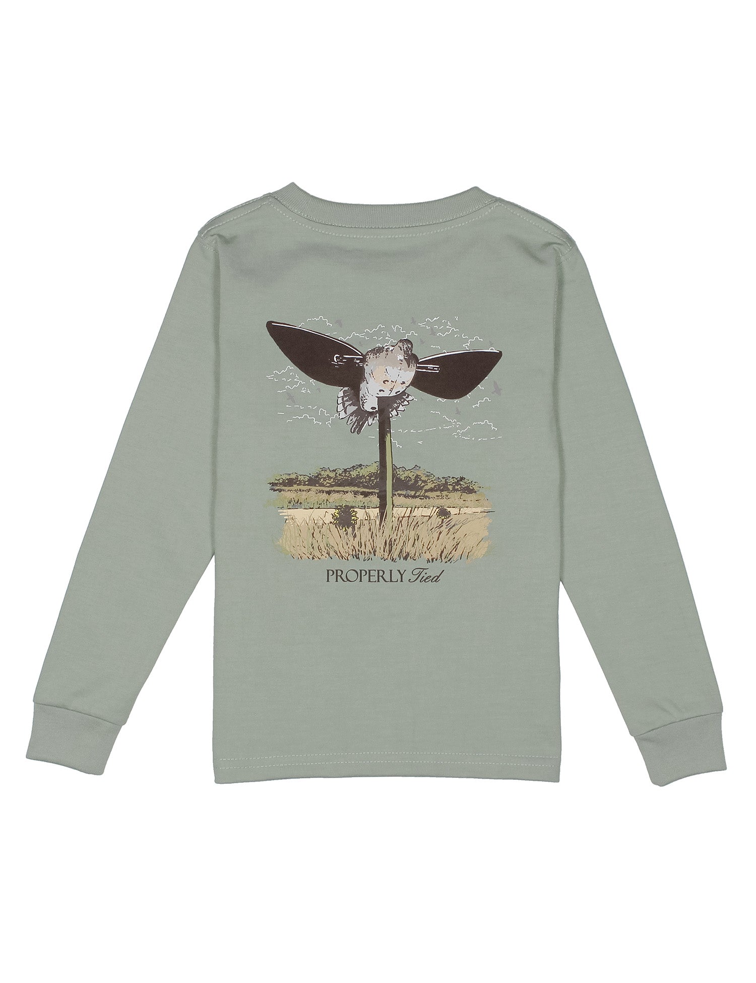 Green long-sleeve shirt with a graphic design of a dove decory on the back against a white background