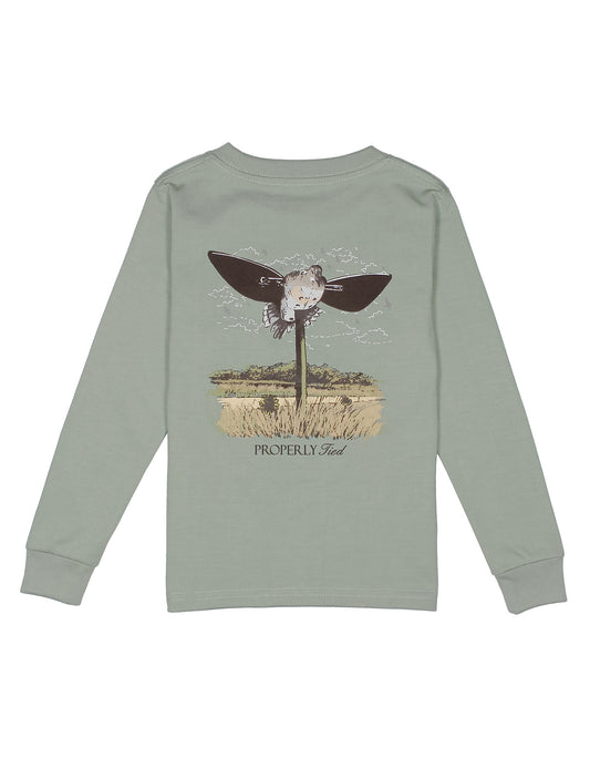 Green long-sleeve shirt with a graphic design of a dove decory on the back against a white background