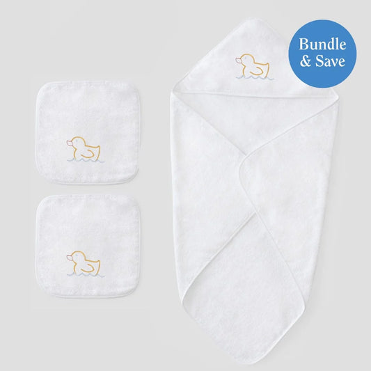 baby white hooded towel with duck design with duck washcloth set 
