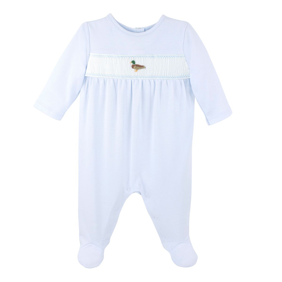 A light blue baby footed sleeper with long sleeves, a smocked chest panel, and a small embroidered duck motif, shown against a plain white background.