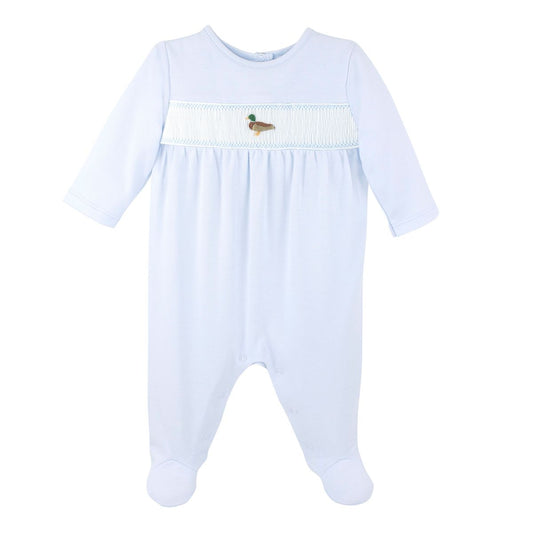 A light blue baby footed sleeper with long sleeves, a smocked chest panel, and a small embroidered duck motif, shown against a plain white background.
