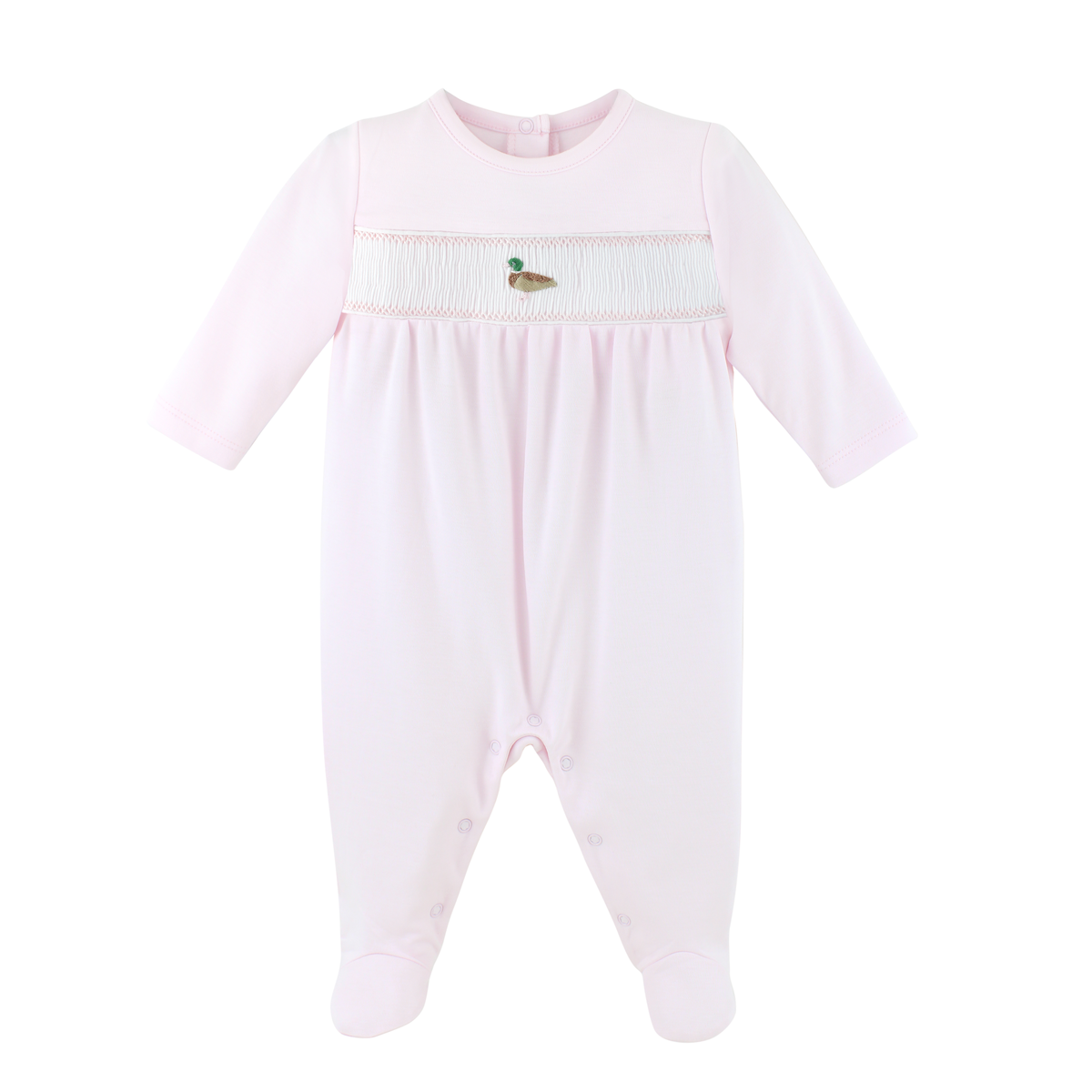 A light pink baby footed sleeper with long sleeves, a smocked chest panel, and a small duck embroidery at the center.
