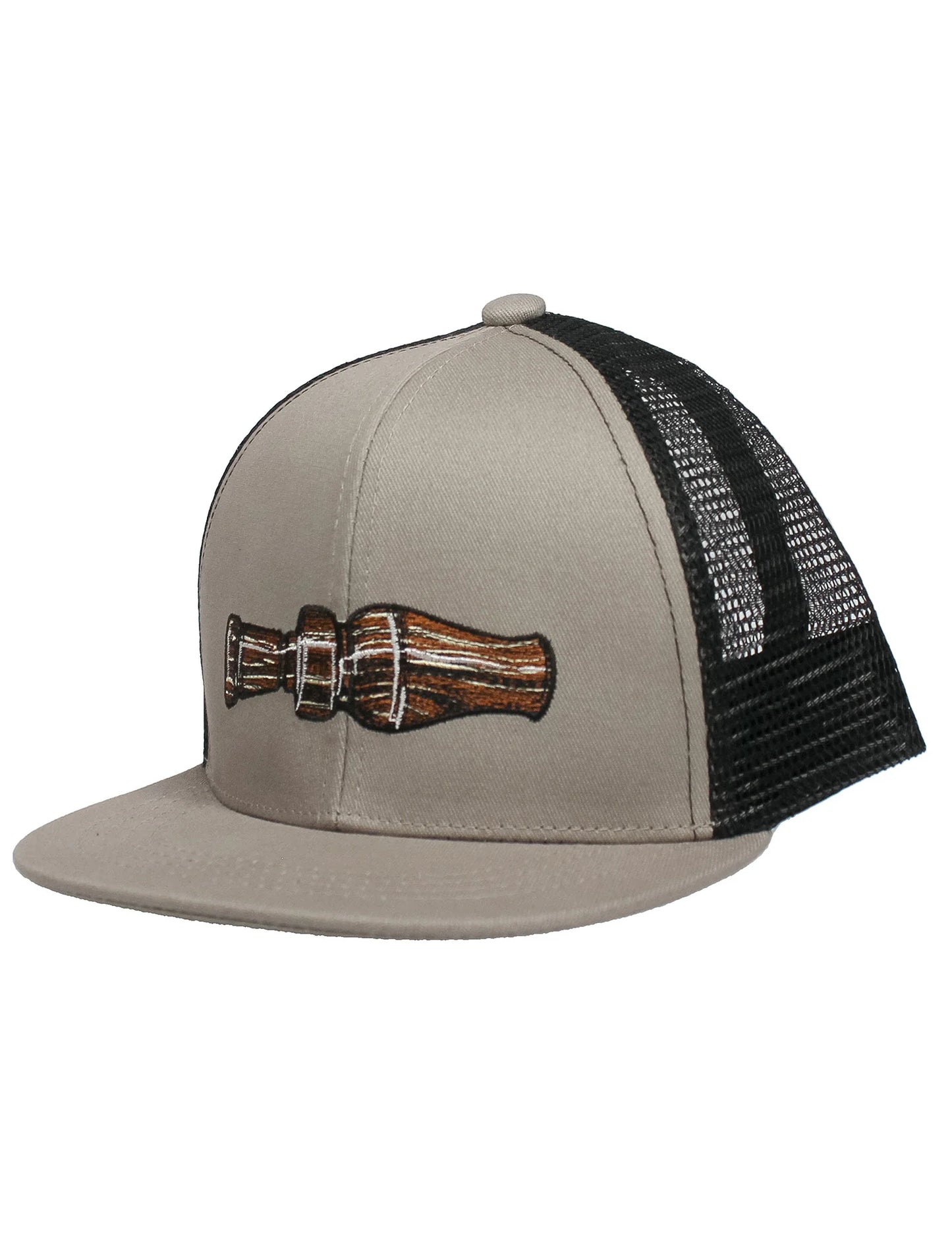 Tan baseball cap with black mesh back and embroidered duck call on front.
