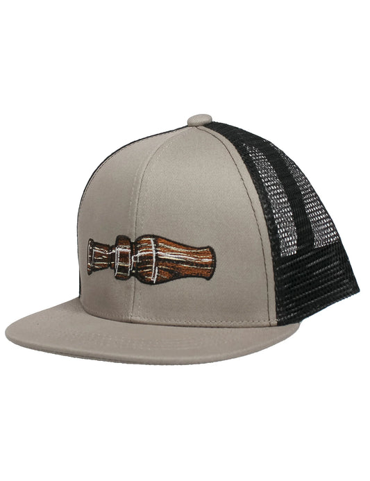 Tan baseball cap with black mesh back and embroidered duck call on front.