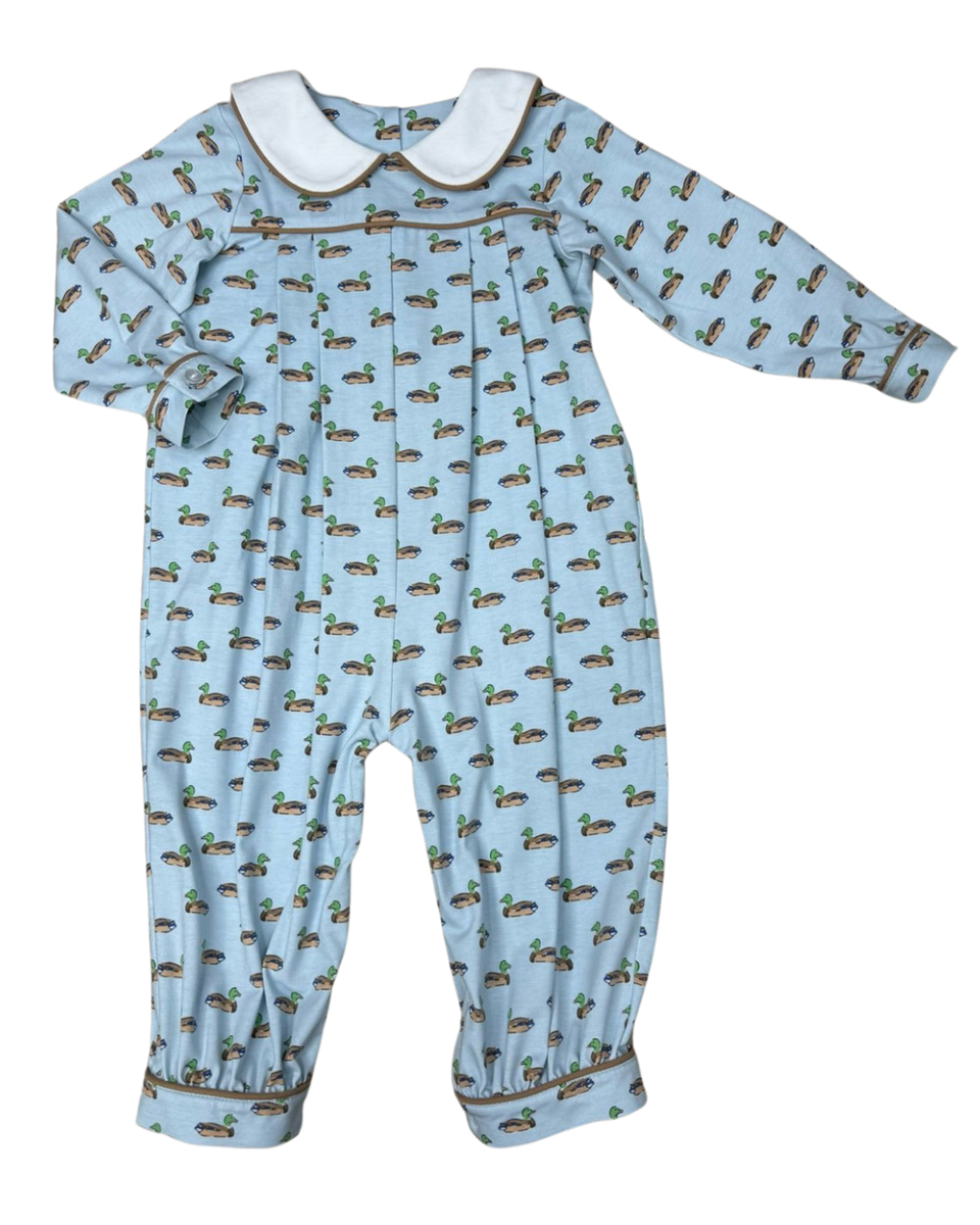 A baby long-sleeve footless jumpsuit in light blue with a repeating cactus pattern, featuring a white Peter Pan collar and elastic cuffs.