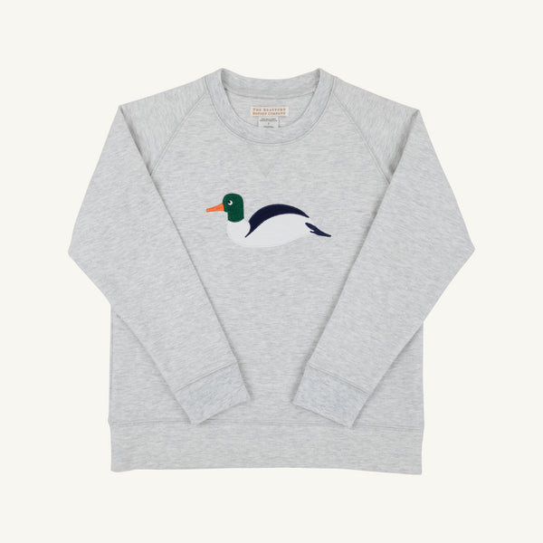 A light heather gray crewneck sweatshirt featuring a stylized embroidered duck on the chest with a green head, orange beak, white body, and dark blue back. 