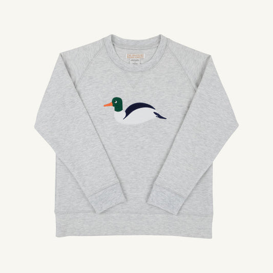 A light heather gray crewneck sweatshirt featuring a stylized embroidered duck on the chest with a green head, orange beak, white body, and dark blue back. 