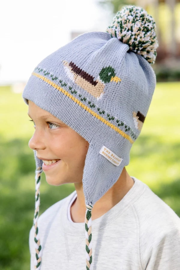 Light blue pom pom hat with mallard duck designs