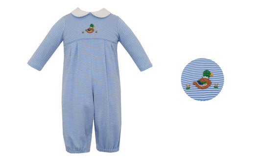 Blue striped baby romper with embroidered duck design on a white background