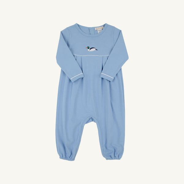 Light blue baby onesie with a small duck design on a white background