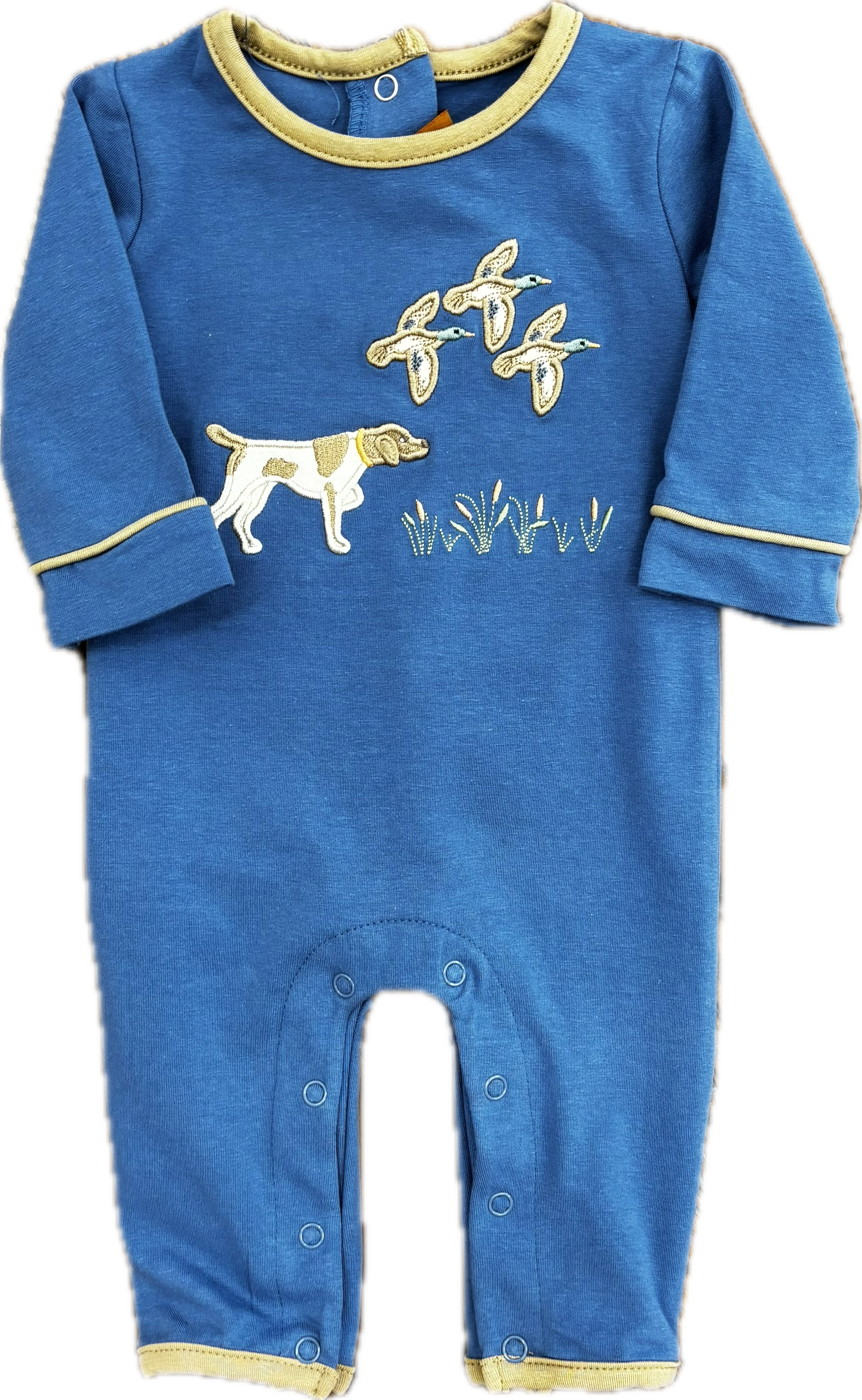 Blue long sleeve romper with tan trim and dog and duck applique.