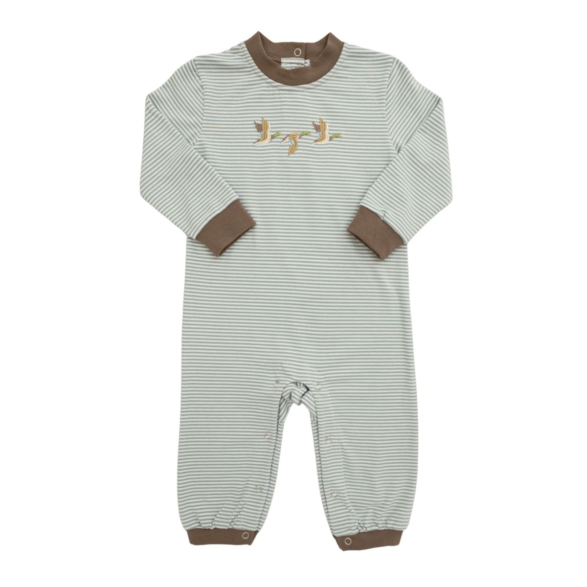 A baby long-sleeve footless one-piece jumpsuit with fine horizontal green and white stripes, brown ribbed collar, cuffs, and hem with ducks on the chest