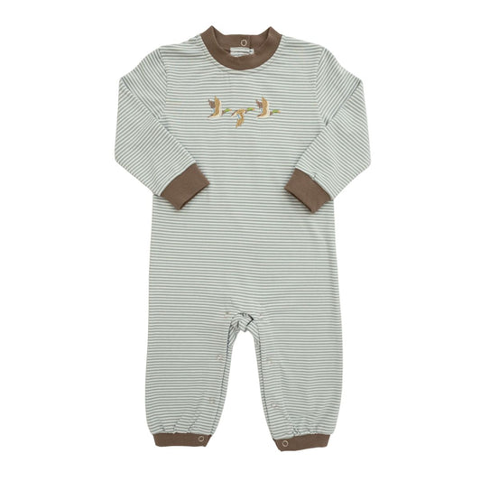 A baby long-sleeve footless one-piece jumpsuit with fine horizontal green and white stripes, brown ribbed collar, cuffs, and hem with ducks on the chest