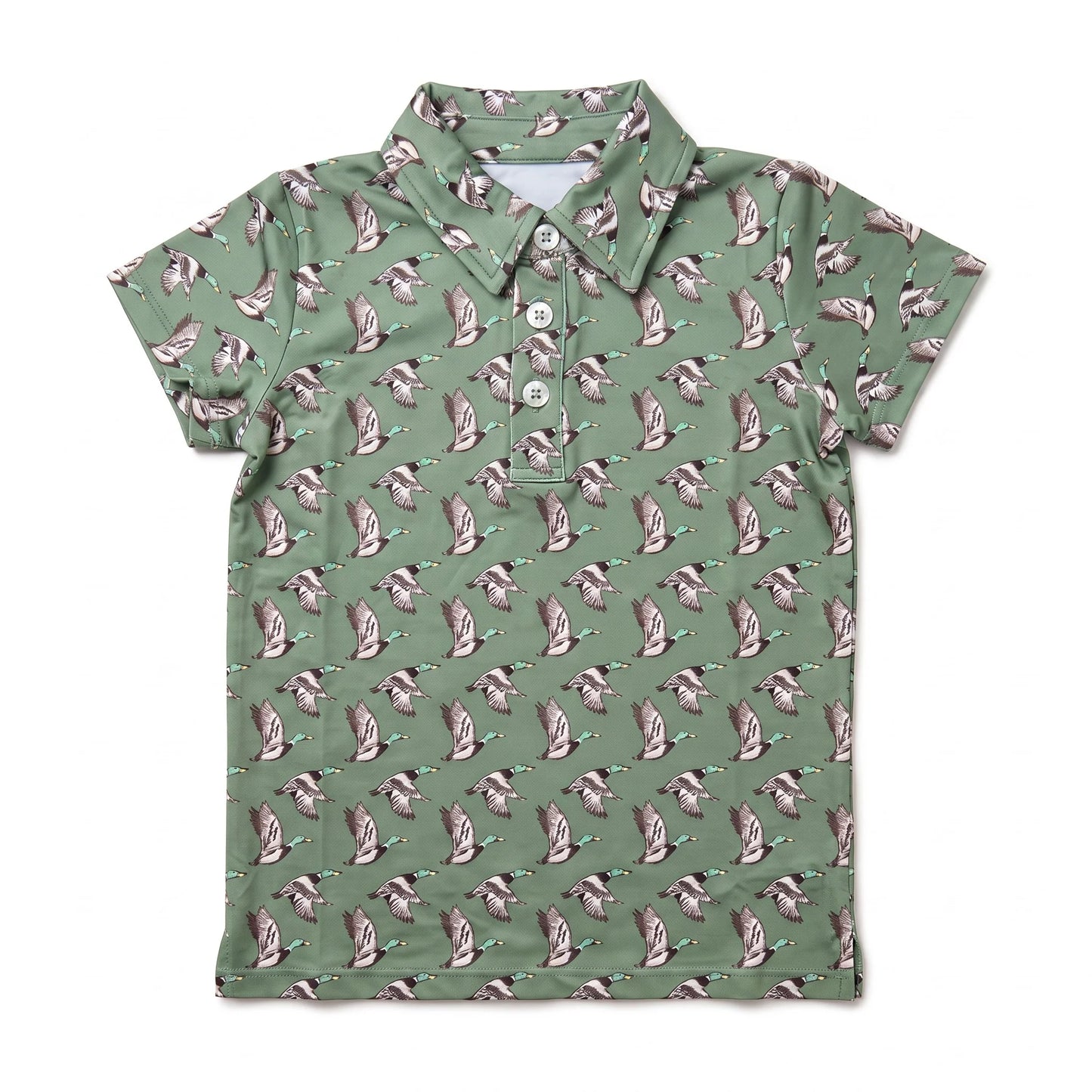 A short-sleeve polo shirt in sage green with an all-over repeating pattern of small brown and white birds, shown flat against a white background.