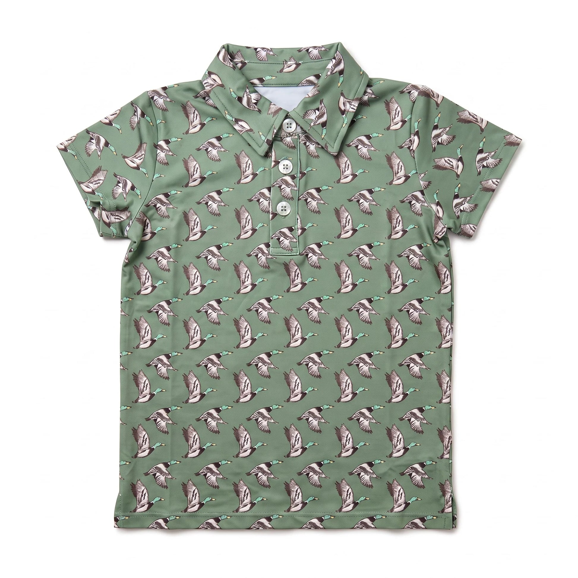 A short-sleeve polo shirt in sage green with an all-over repeating pattern of small brown and white birds, shown flat against a white background.