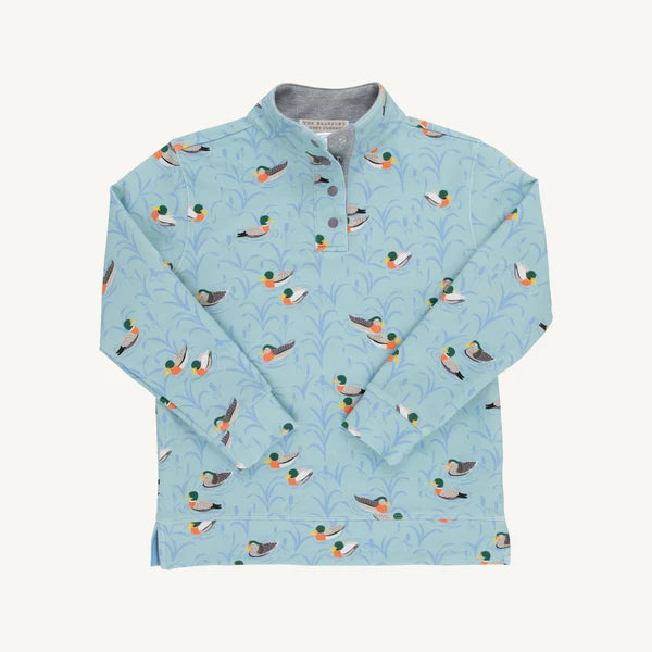 Light blue button pullover shirt with duck pattern on a white background