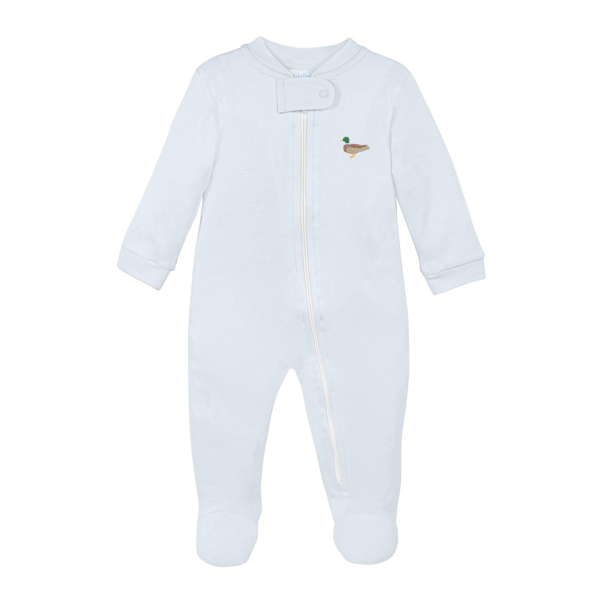 Blue footie romper with embroidered duck 
