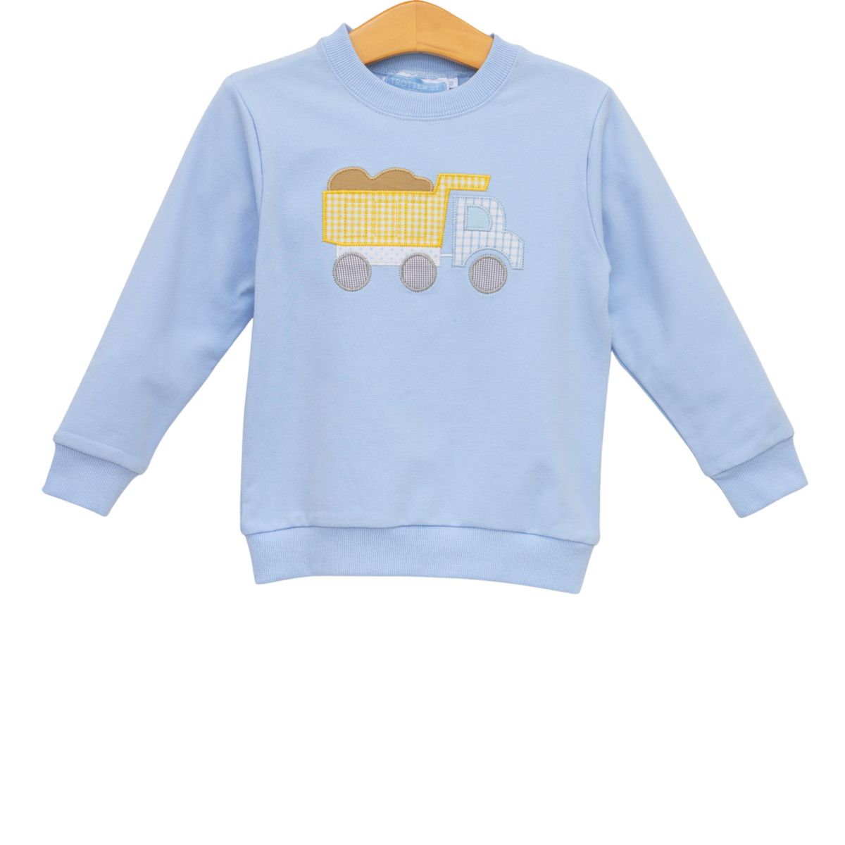 Light blue children's sweatshirt with a yellow dump truck design 