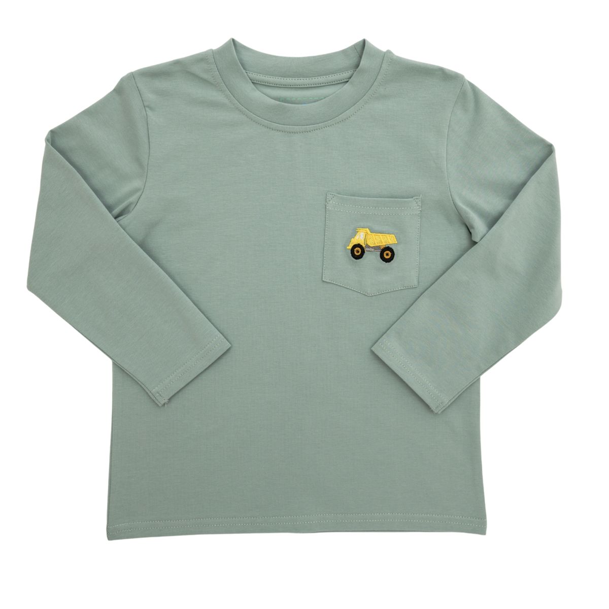 Green long-sleeve shirt with a yellow truck design on a white background