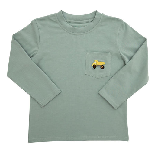 Green long-sleeve shirt with a yellow truck design on a white background