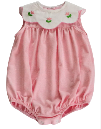 Pink bubble with white scallop collar with flower embroidery.