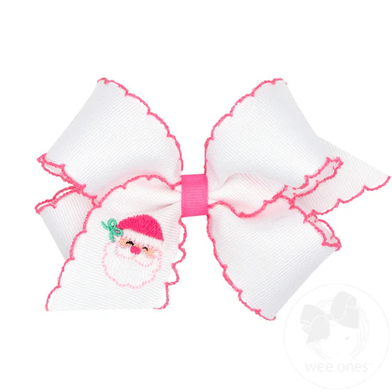 White Grosgrain Hair Bow with Pink Santa Embroidery and Moonstitch Edge