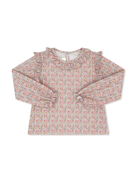 A long-sleeve top for toddlers or young girls, featuring an all-over dense floral print in soft pink, green, and blue on a light beige base. The top has a ruffled mock neck and ruffle details along the shoulders and cuffs