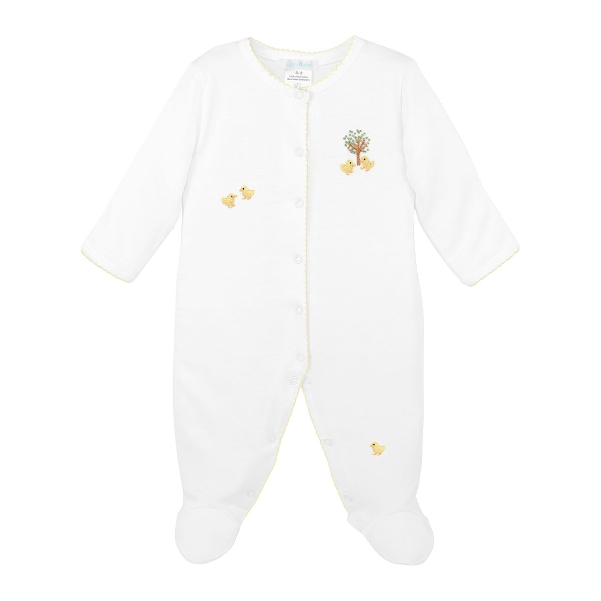 A white long-sleeve baby footed sleeper with a button front, featuring small embroidered yellow chicks and a tree motif on the chest and legs.