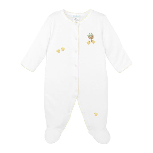 A white long-sleeve baby footed sleeper with a button front, featuring small embroidered yellow chicks and a tree motif on the chest and legs.