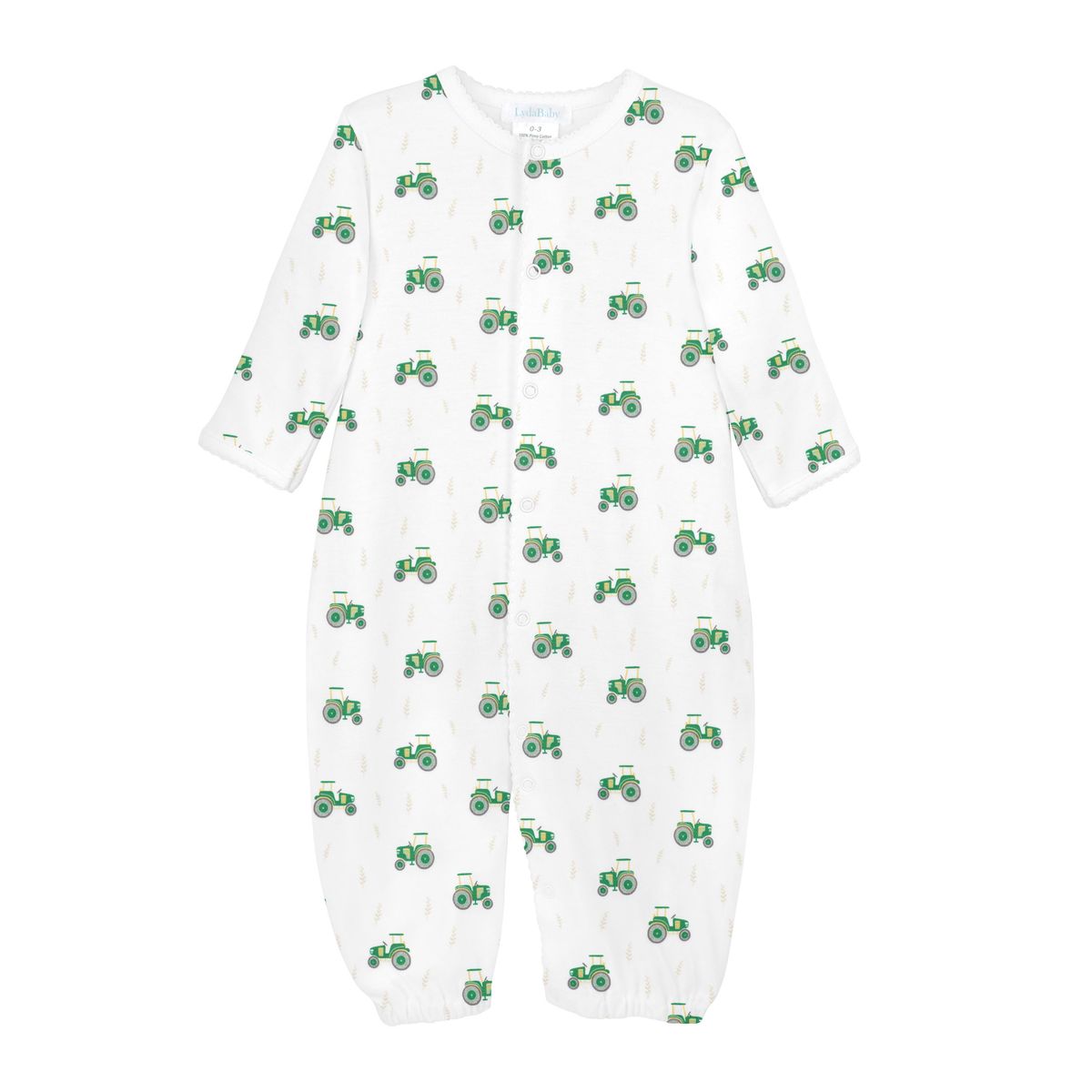 A white long-sleeve baby footless sleeper with an all-over green tractor pattern, shown flat against a white background.