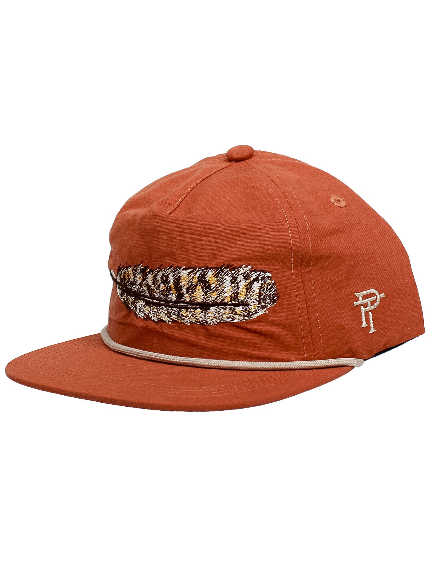 Orange hat with turkey feather design
