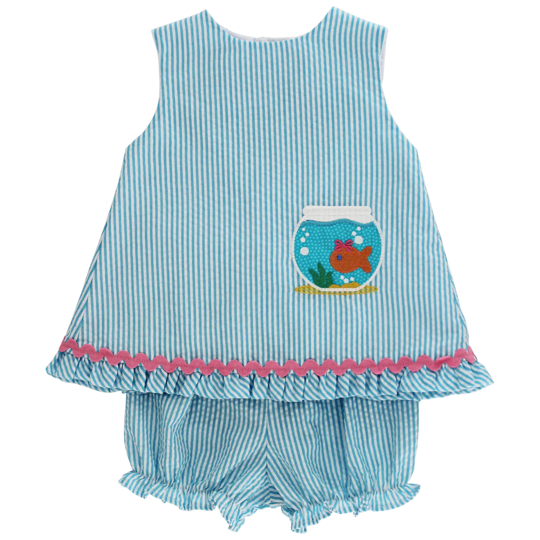 Blue and white striped baby romper with fish bowl design on a white background