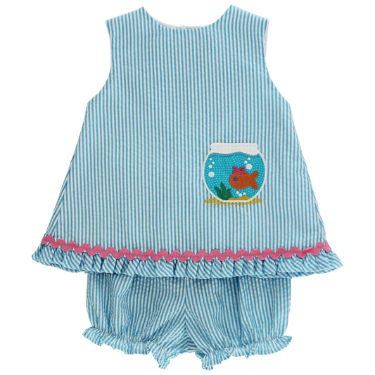 Blue and white striped baby romper with fish bowl design on a white background