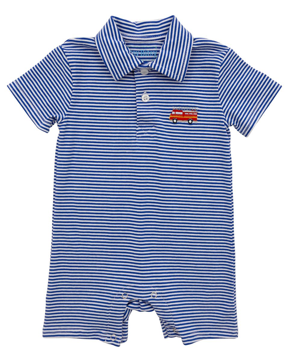 Blue and white striped baby romper with a firetruck design 