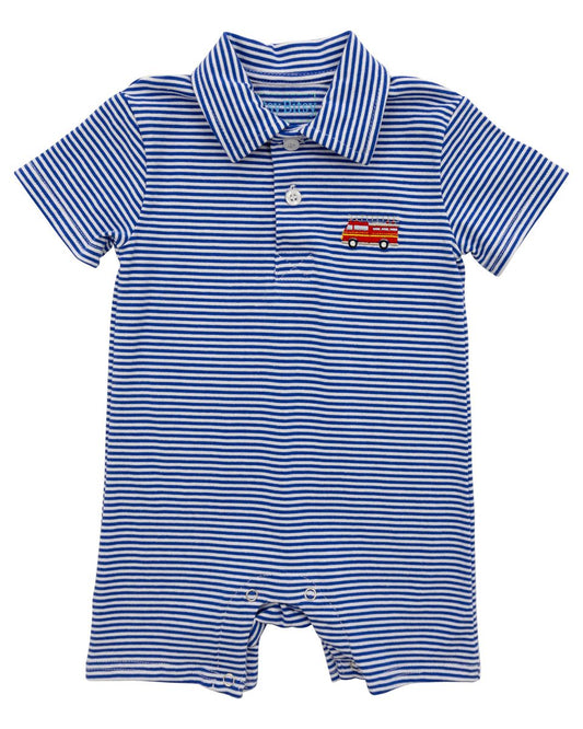 Blue and white striped baby romper with a firetruck design 
