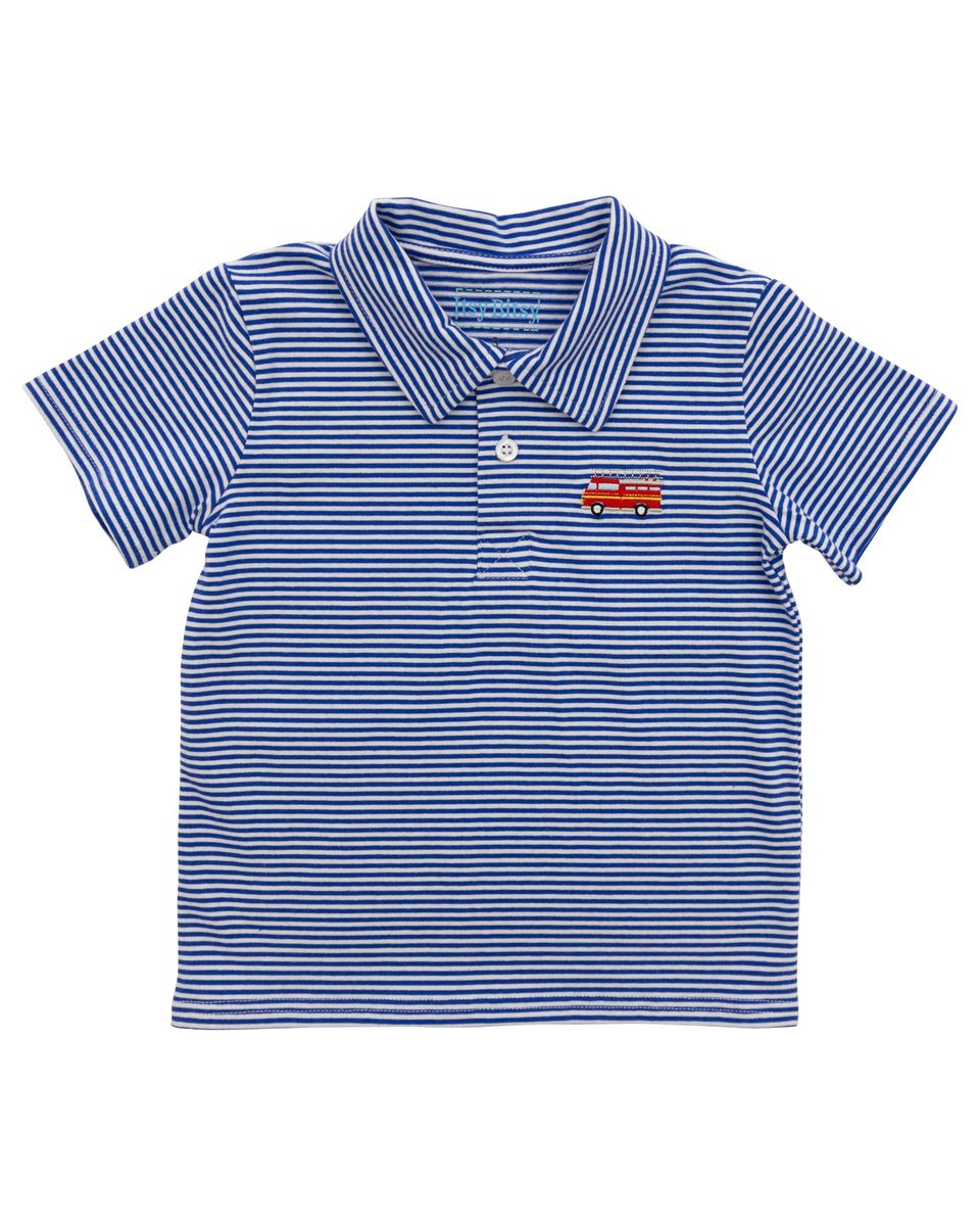 Blue striped polo shirt with a red firetruck logo 