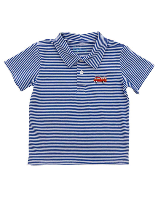 Blue striped polo shirt with a red firetruck logo 