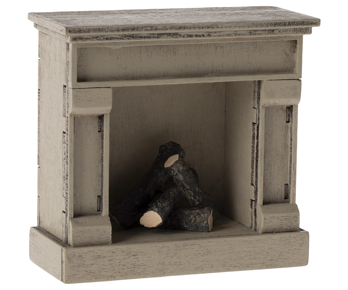 Wooden fireplace with logs inside for maileg mouse