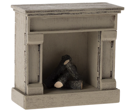 Wooden fireplace with logs inside for maileg mouse
