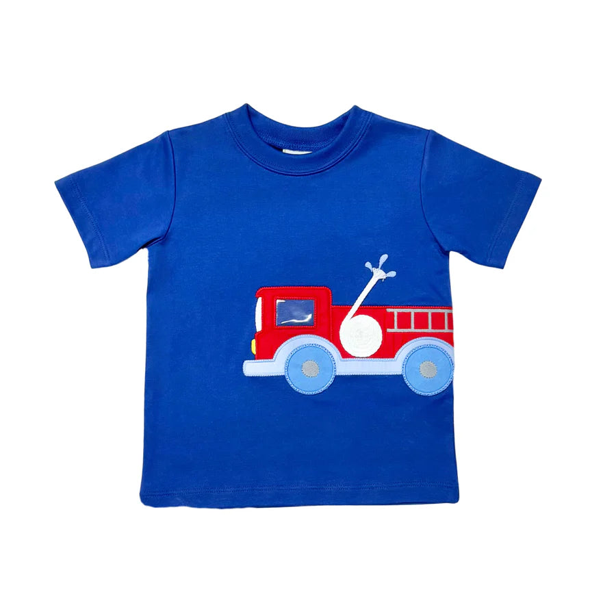 Blue t-shirt with a red fire truck graphic on the front