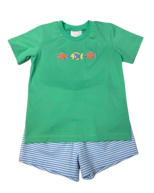Green short sleeved tshirt wiht three embroidered goldfish and blue striped shorts.