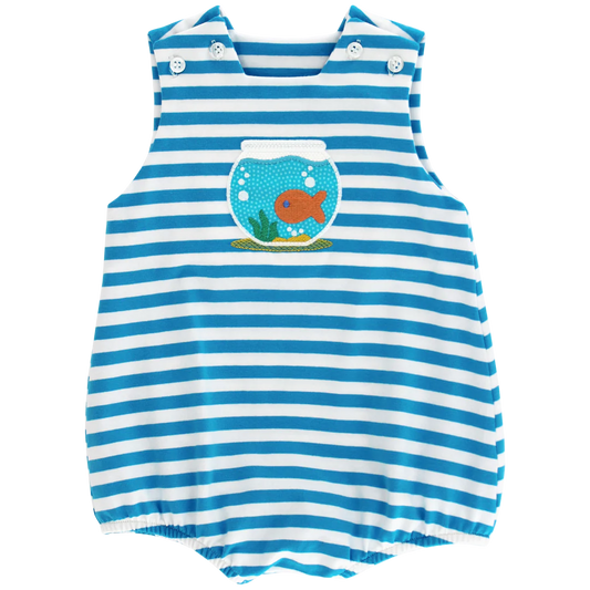 Blue and white striped romper with fish bowl design on a white background
