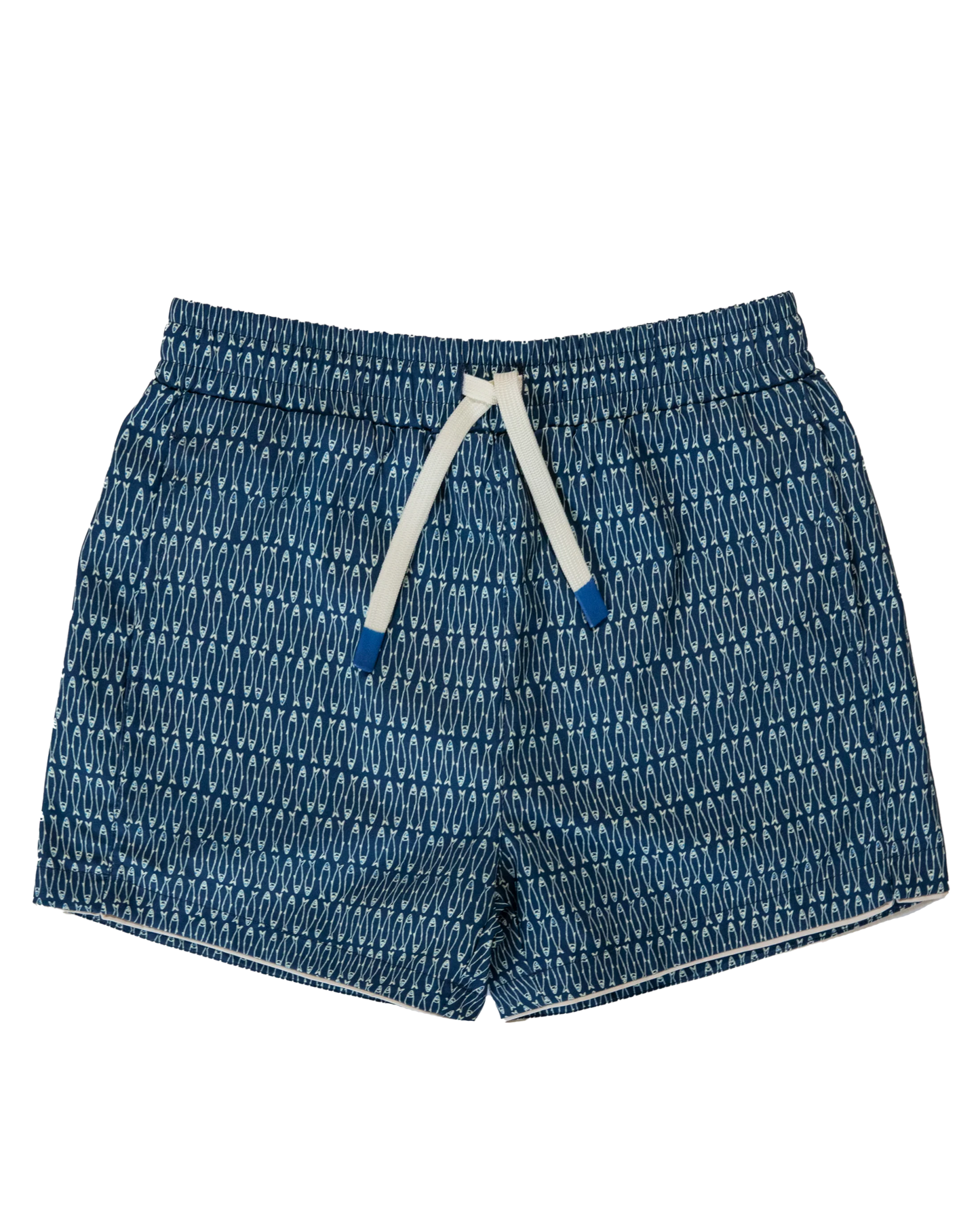 Navy Blue fish patterned  swim shorts with a drawstring 
