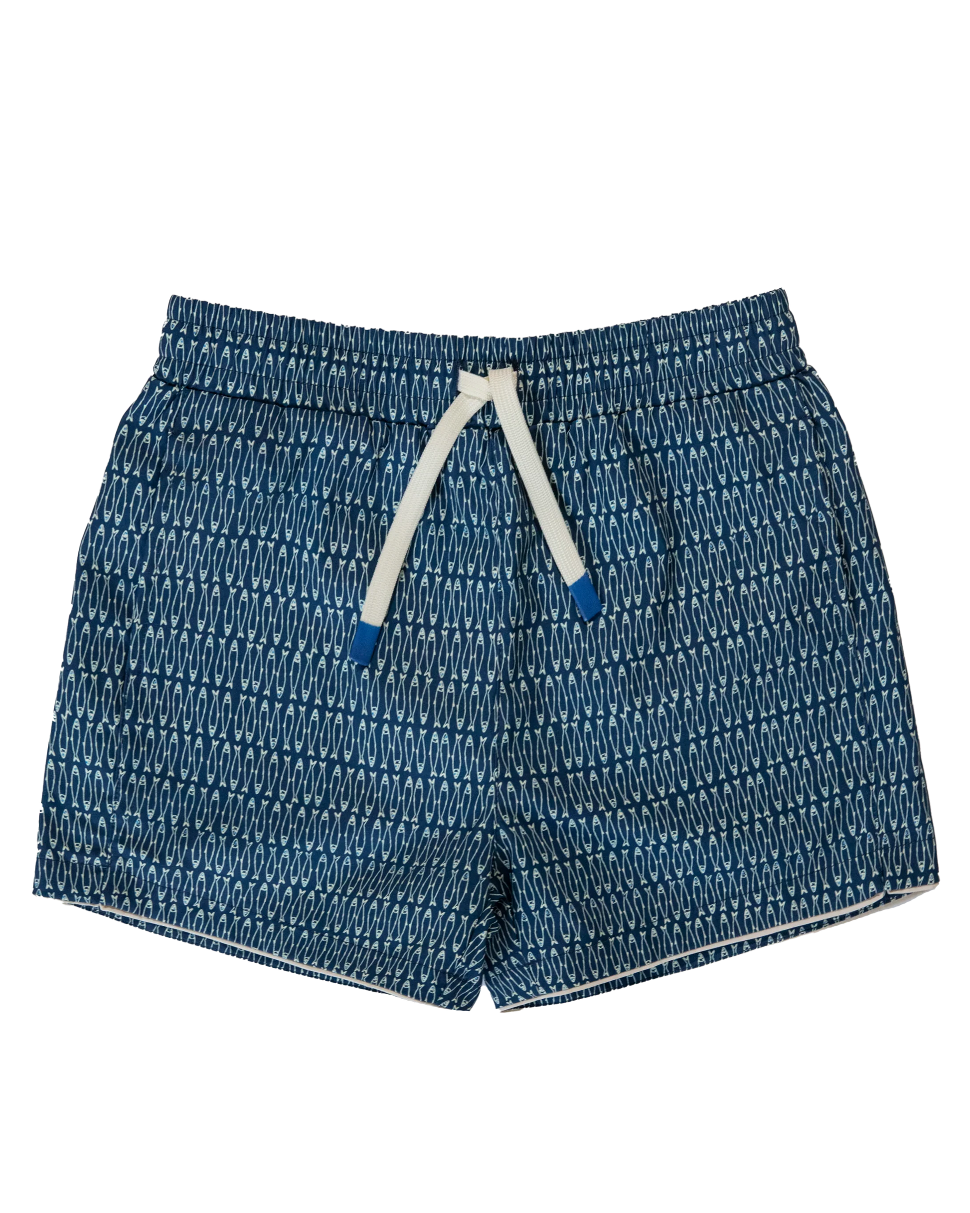 Navy Blue fish patterned  swim shorts with a drawstring 