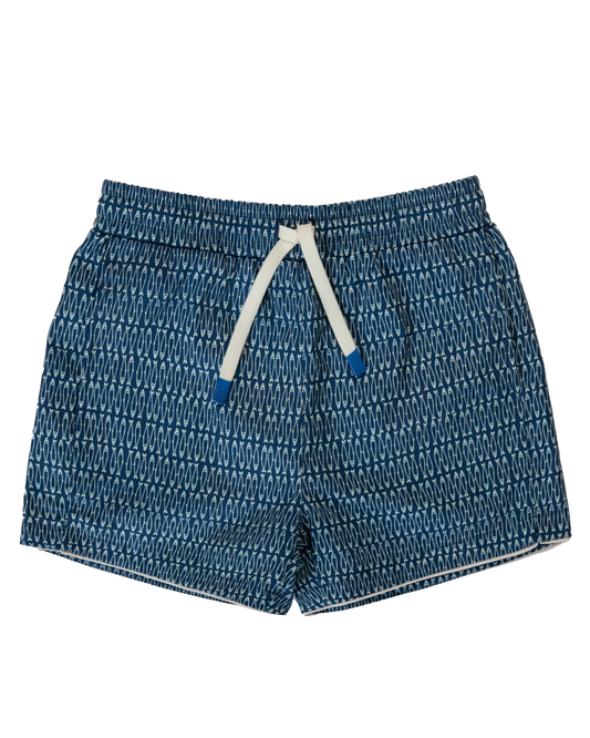 Navy Blue fish patterned  swim shorts with a drawstring 