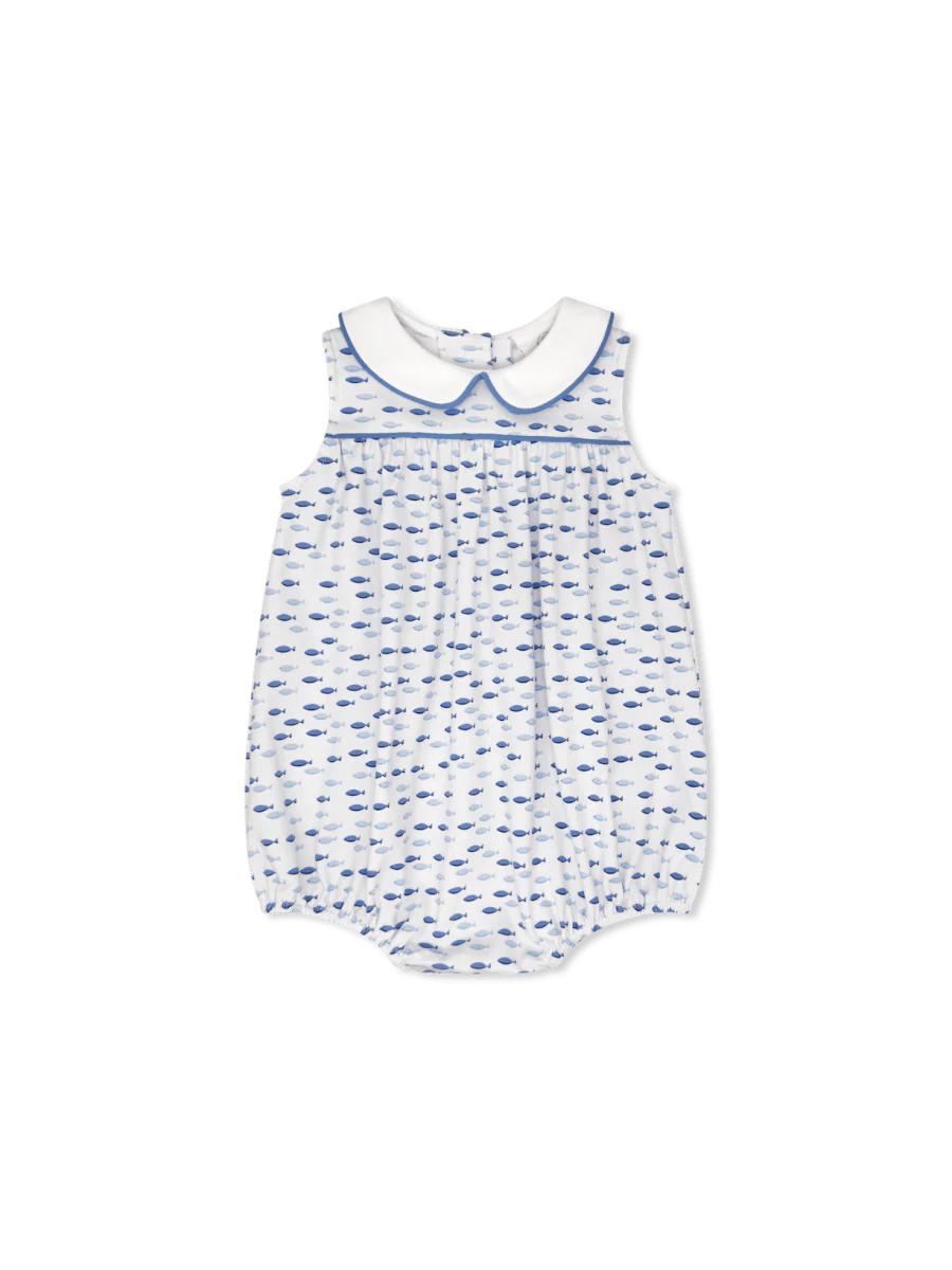 Baby romper with blue fish pattern on a white background